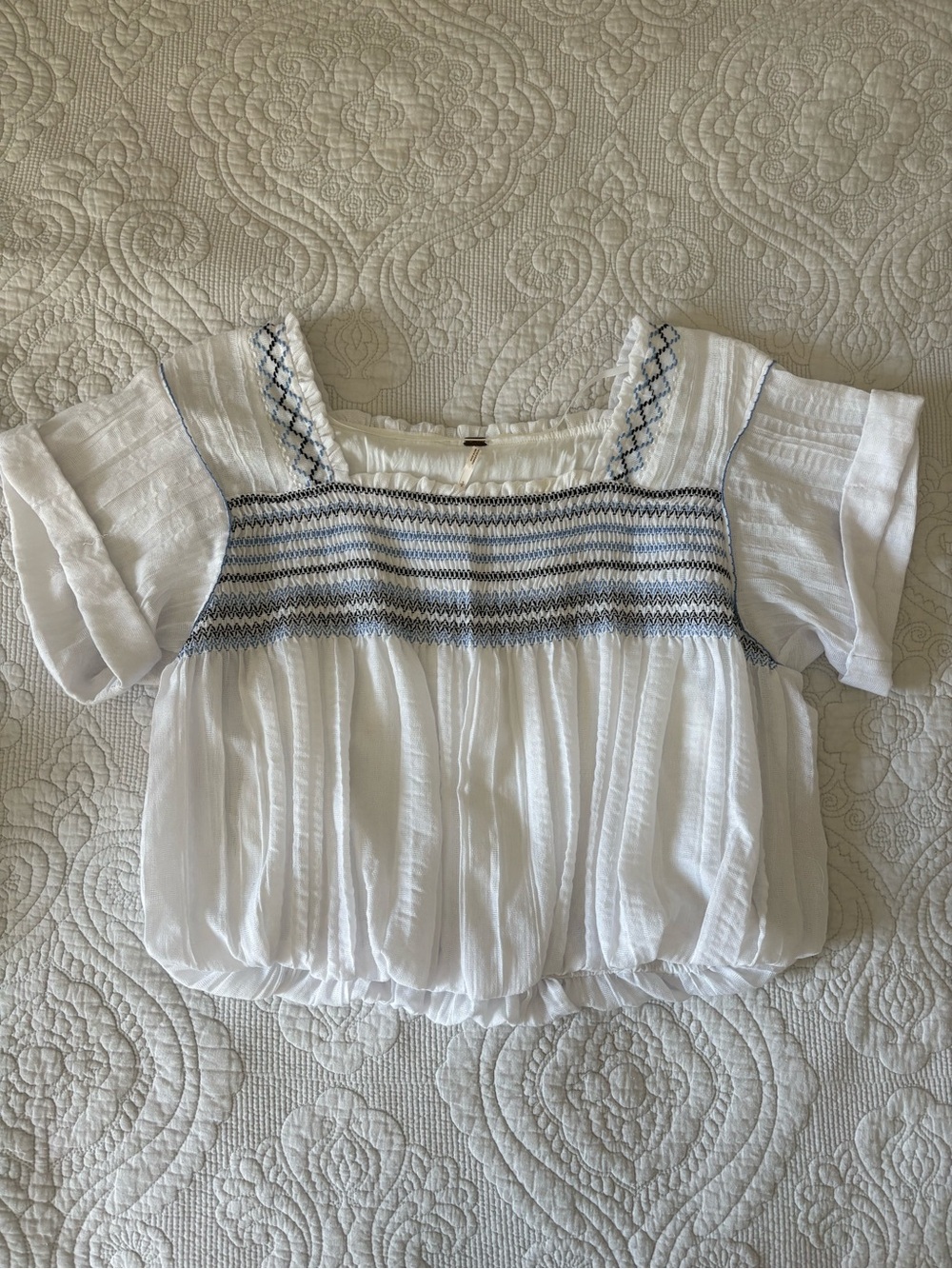 Free People White Peasant Blouse with Blue Embroidered Smocking
